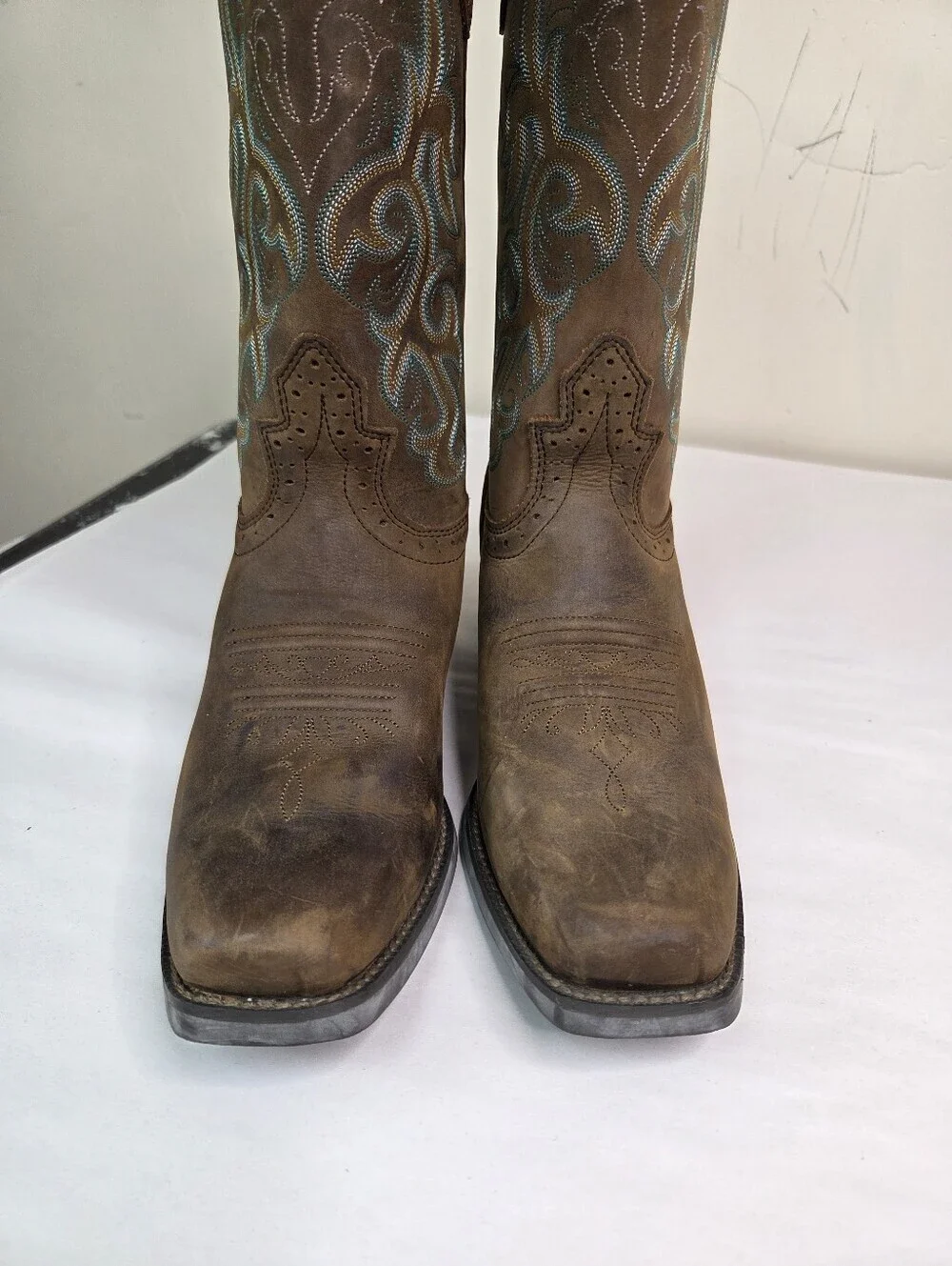 Justin Boots Brown Leather Western Cowboy Boots Embroidered Square Toe  8.5B